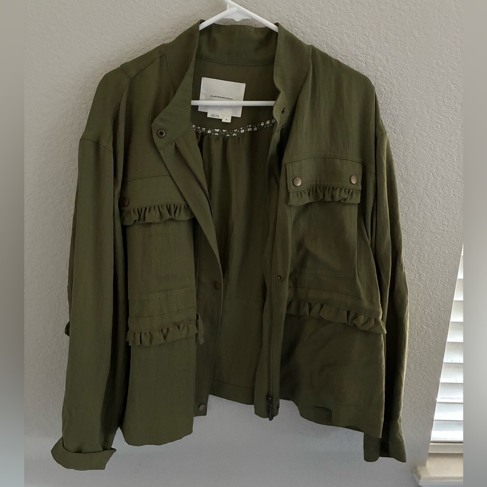 Anthropologie Khaki Utility Jacket with Ruffle Accents